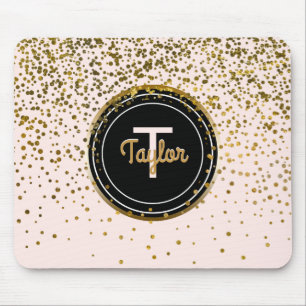 Chic Blush Pink Gold Glam Confetti Dots Monogram Mouse Mat