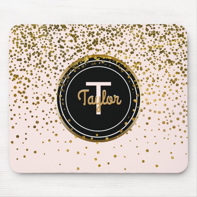 Chic Blush Pink Gold Glam Confetti Dots | Monogram Mouse Mat (Front)
