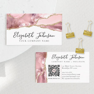 Chic Blush Pink Gold Glitter Agate Marble QR Code Business Card