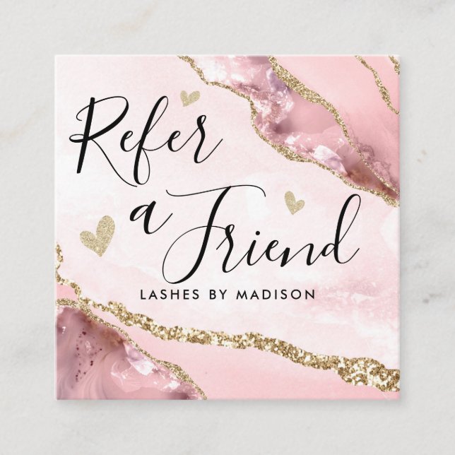 Chic Blush Pink Gold Glitter Agate Refer a Friend Referral Card (Front)