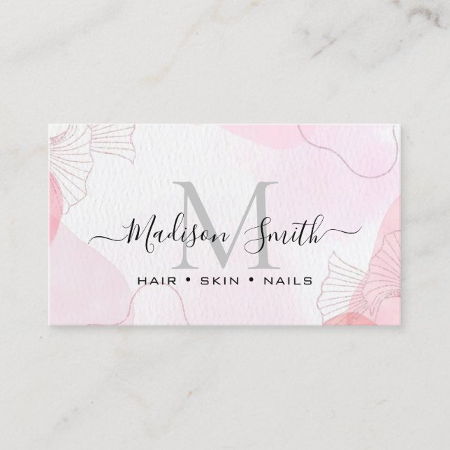 Chic Blush Pink Gold Glitter Marble Agate Monogram Business Card (Front)