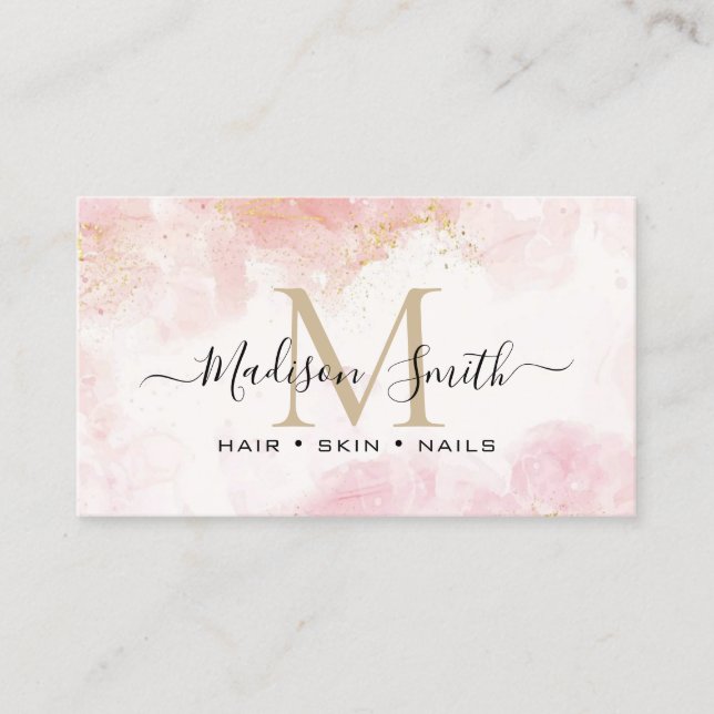 Chic Blush Pink Gold Glitter Marble Agate Monogram Business Card (Front)