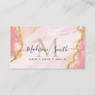 Chic Blush Pink Gold Glitter Marble Agate Monogram Business Card