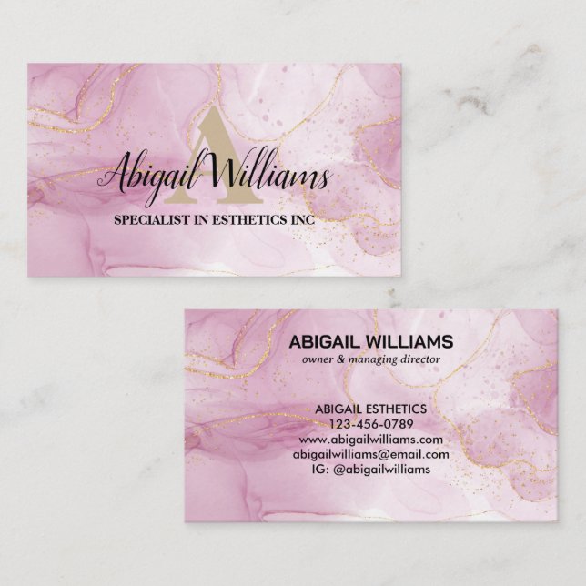 Chic Blush Pink Gold Glitter Marble Agate Monogram Business Card (Front/Back)
