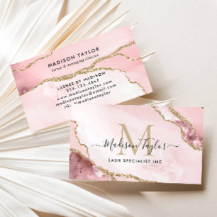 Chic Blush Pink Gold Glitter Marble Agate Monogram Business Card