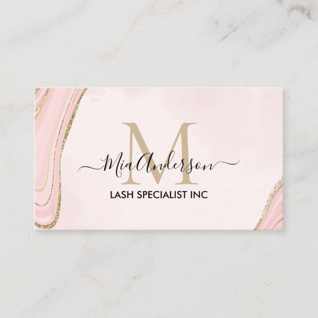 Chic Blush Pink Gold Glitter Marble Agate Monogram Business Card (Front)