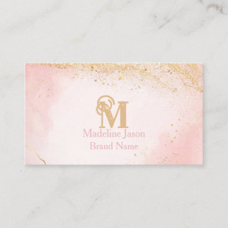 Chic Blush Pink Gold Glitter Marble Agate Monogram Business Card