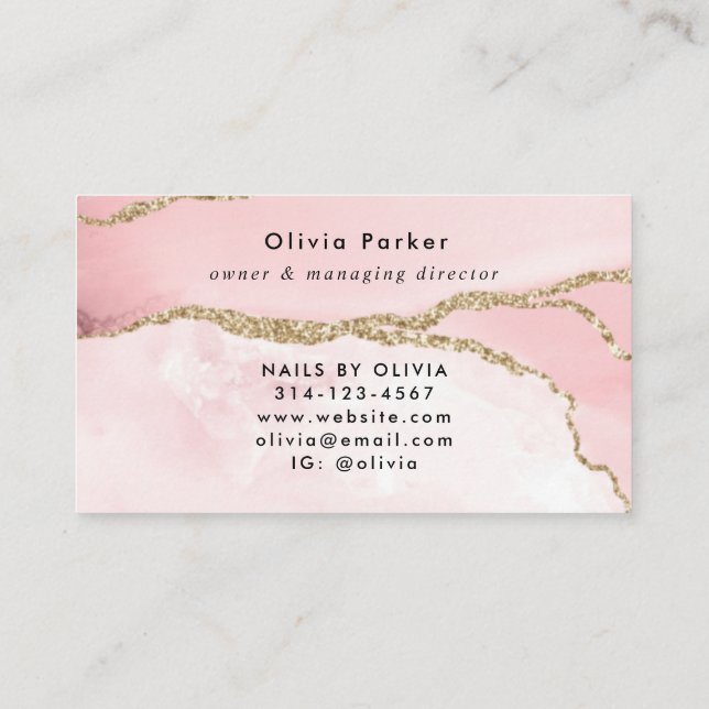 Chic Blush Pink Gold Glitter Marble Agate Monogram Business Card (Back)