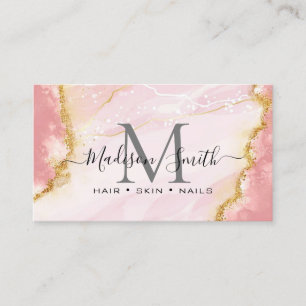 Chic Blush Pink Gold Glitter Marble Agate Monogram Business Card