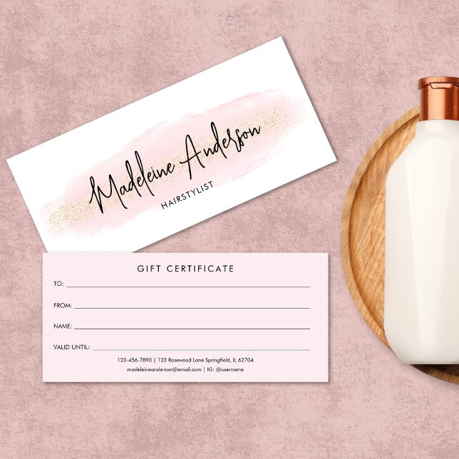 Chic Blush Pink Gold Hair stylist Gift Certificate (Creator Uploaded)