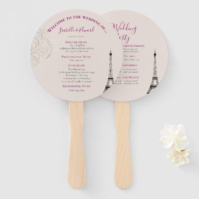 Chic Blush Pink & Gold Ornate Eiffel Tower Wedding Hand Fan (Front and Back)