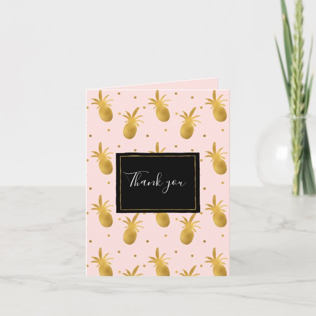 Chic Blush Pink Gold Pineapples and Dots Thank you Card (Front)