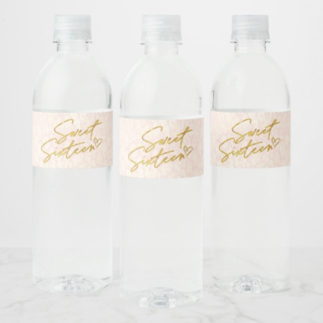 Chic Blush Pink & Gold Sweet 16 Party Water Bottle Label (Bottles)
