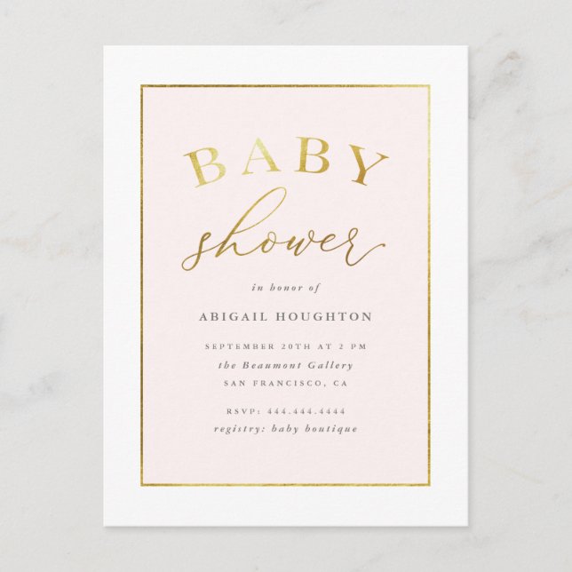 Chic Blush Pink Gold Typography Baby Shower Invitation Postcard (Front)