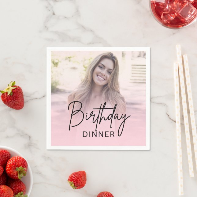 Chic Blush Pink Gradient Photo Birthday Dinner Napkin (Insitu)