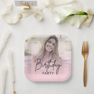 Chic Blush Pink Gradient Photo Birthday Paper Plate