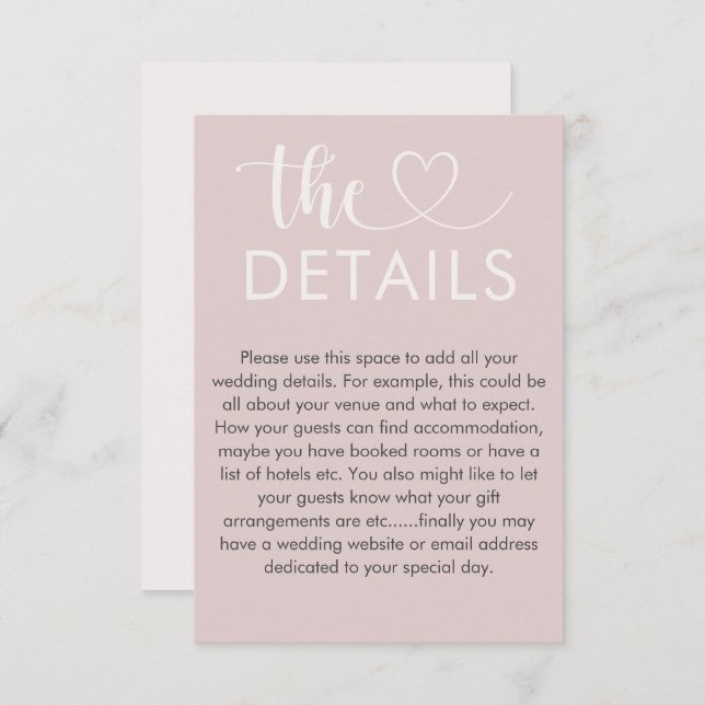 Chic Blush Pink Heart Wedding Details  Enclosure Card (Front/Back)