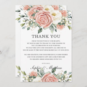 Chic Blush Pink Ivory Floral Wedding Bridal Thank You Card
