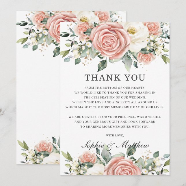 Chic Blush Pink Ivory Floral Wedding Bridal Thank You Card (Front/Back)