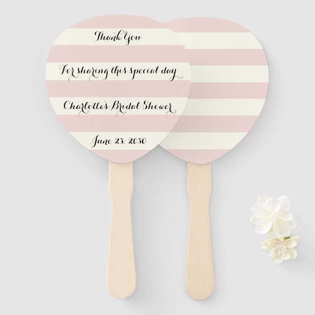 Chic blush pink ivory stripes script Bridal Shower Hand Fan (Front and Back)