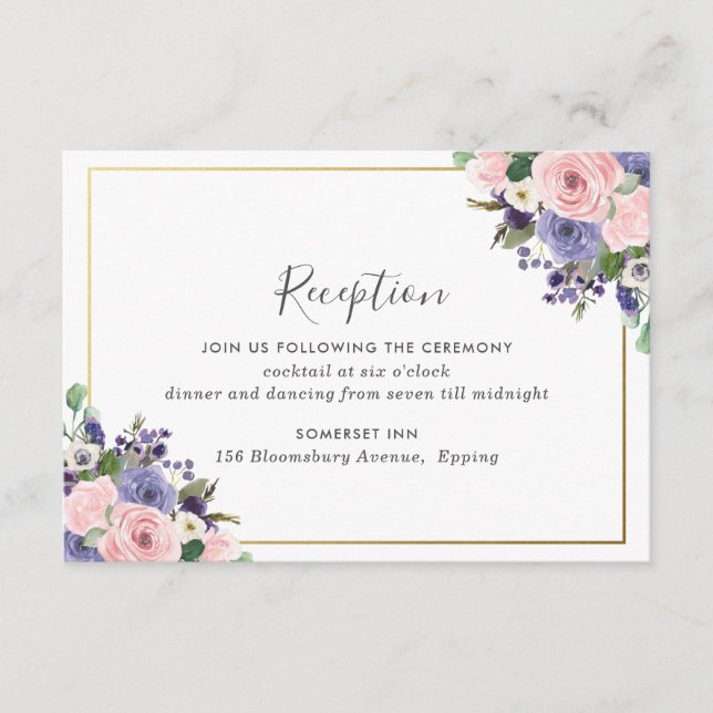 Chic Blush Pink Lavender Floral Wedding Reception Enclosure Card (Front)