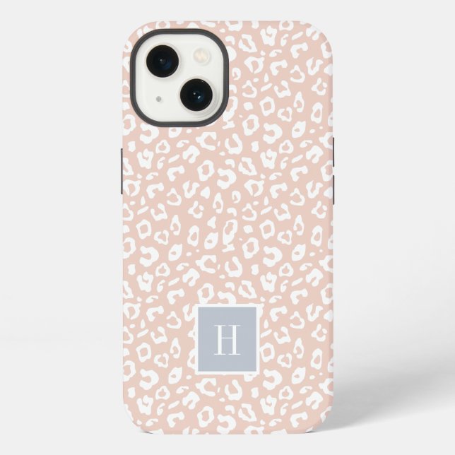 Chic Blush Pink Leopard Print Monogram iPhone Case (Back)