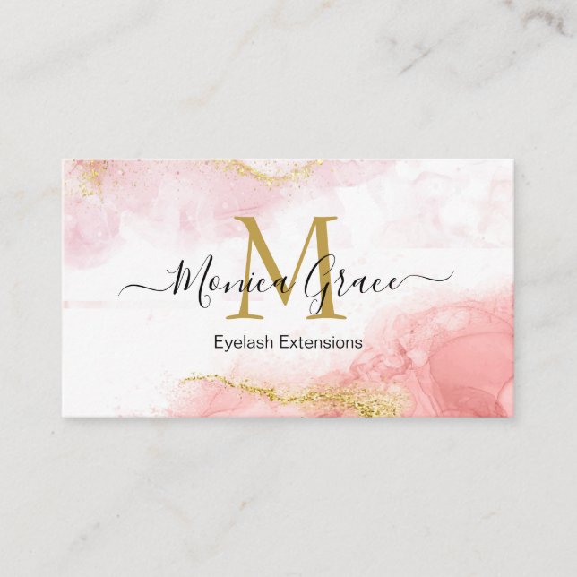 Chic Blush Pink Marble Gold Glitter Monogram Business Card (Front)
