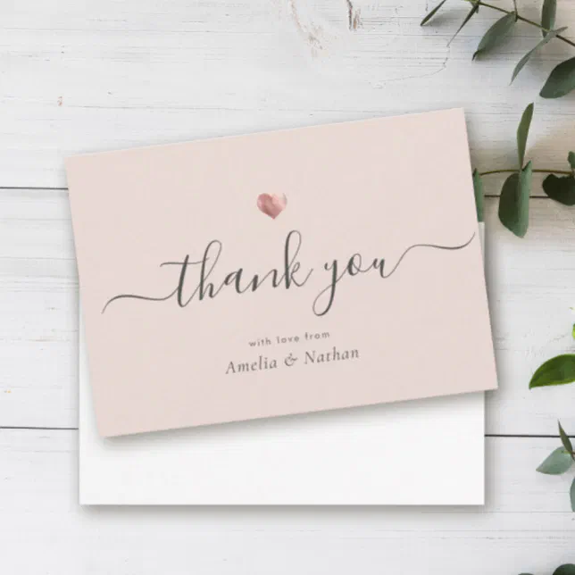 Chic Blush Pink Modern Script Rose Gold Heart Thank You Card | Zazzle
