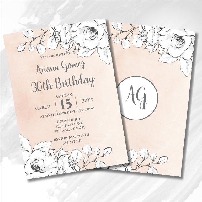 Chic Blush Pink Modern White Floral 30th Birthday Invitation (Creator Uploaded)