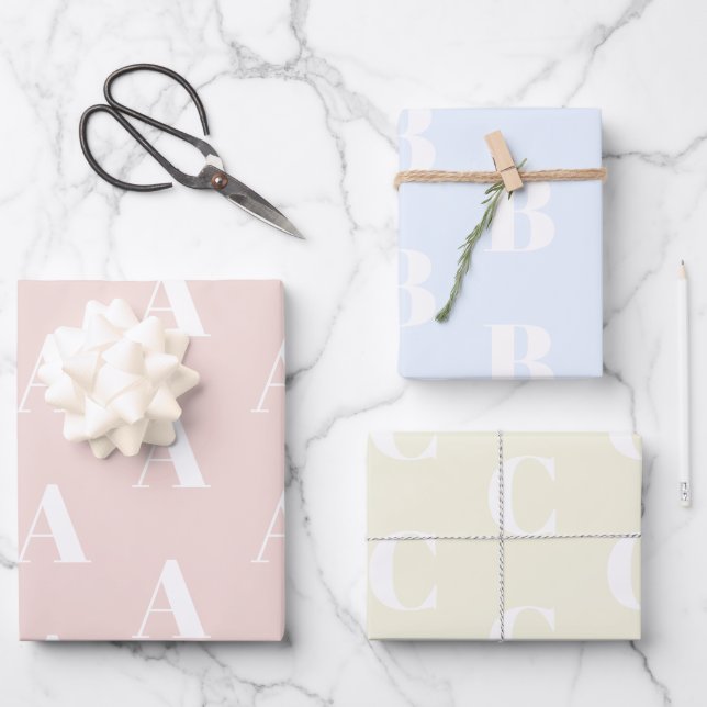 Chic blush pink pale blue cream custom monogram wrapping paper sheet (Front)