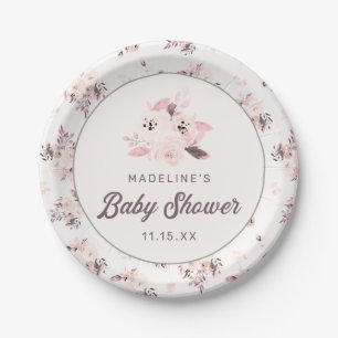 Chic Blush Pink Peach & Mauve Floral Baby Shower Paper Plate