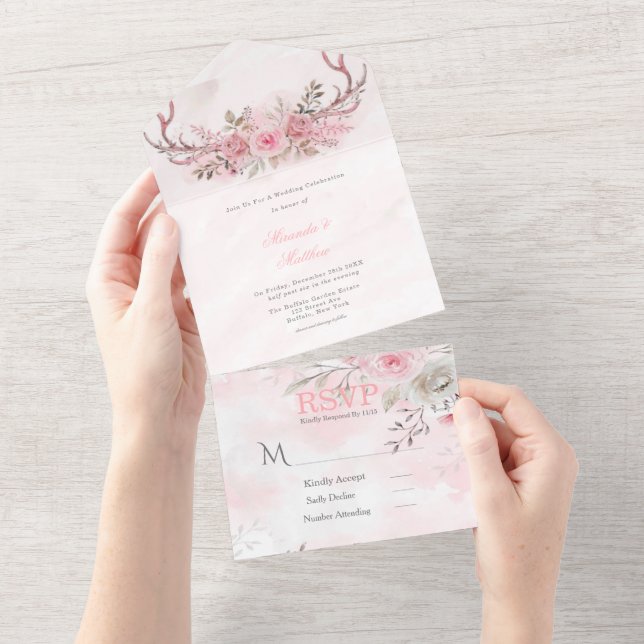 Chic Blush Pink Peony Sage Deer Antlers Wedding  All In One Invitation (Tearaway)