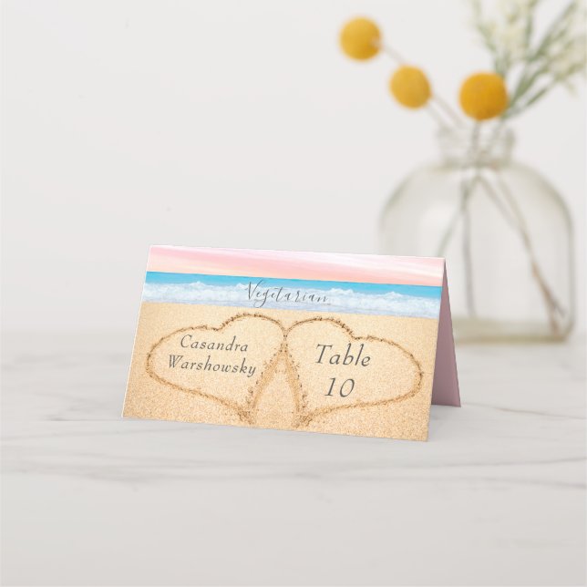 Chic Blush Pink Purple Beach Wedding 2 Heart Sand  Place Card (Front)