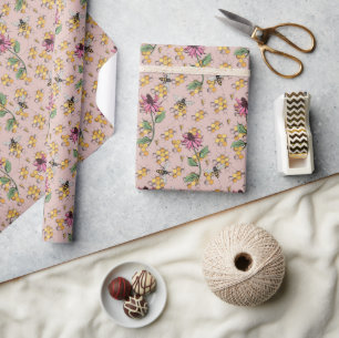Chic Blush Pink Queen Bee, Honeycomb & Flowers  Wrapping Paper