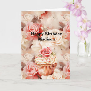 Chic Blush Pink Rose Cupcake Birthday Card