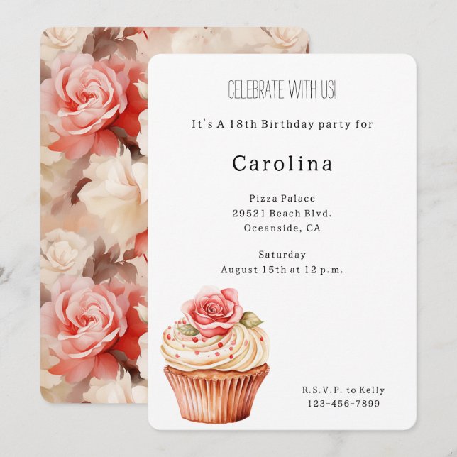 Chic Blush Pink Rose Cupcake Birthday   Invitation (Front/Back)
