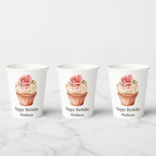 Chic Blush Pink Rose Cupcake Birthday Paper Cups (Multi)