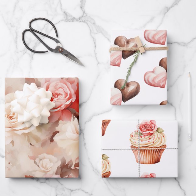 Chic Blush Pink Rose Cupcake Birthday Wrapping Paper Sheet (Front)