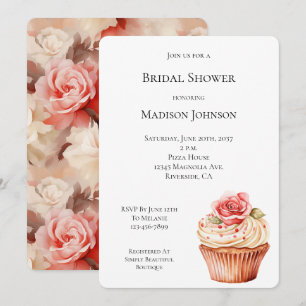 Chic Blush Pink Rose Cupcake Bridal Shower Invitation