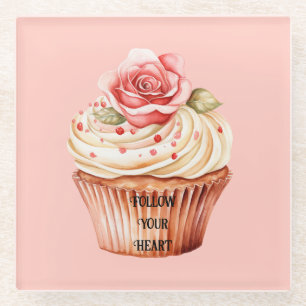 Chic Blush Pink Rose Cupcake Glass Coaster