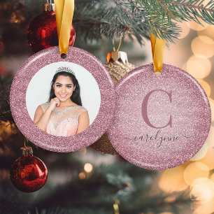 Chic Blush Pink   Rose Gold Glitter Monogram Photo Ceramic Tree Decoration