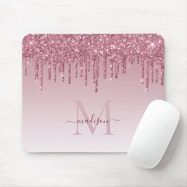 Chic Blush Pink Rose Gold Glitter Sparkle Monogram Mouse Mat (With Mouse)