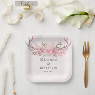 Chic Blush Pink Sage Deer Antlers Floral Wedding Paper Plate