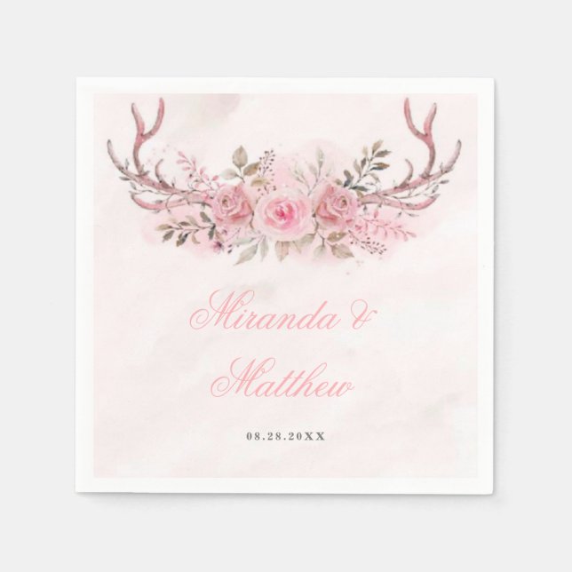 Chic Blush Pink Sage Floral Deer Antlers Wedding  Napkin (Front)