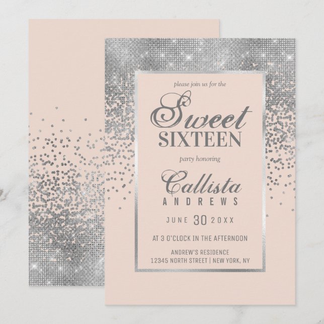 Chic Blush Pink Silver Glitter Confetti Sweet 16 Invitation (Front/Back)