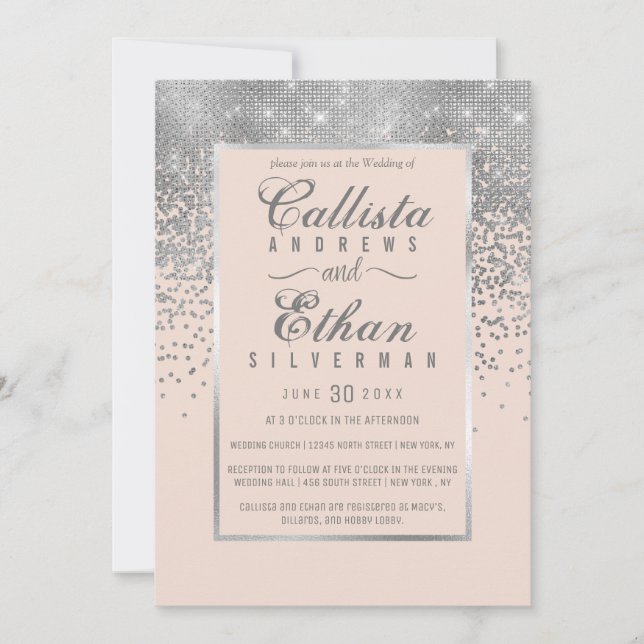 Chic Blush Pink Silver Glitter Confetti Wedding Invitation (Front)