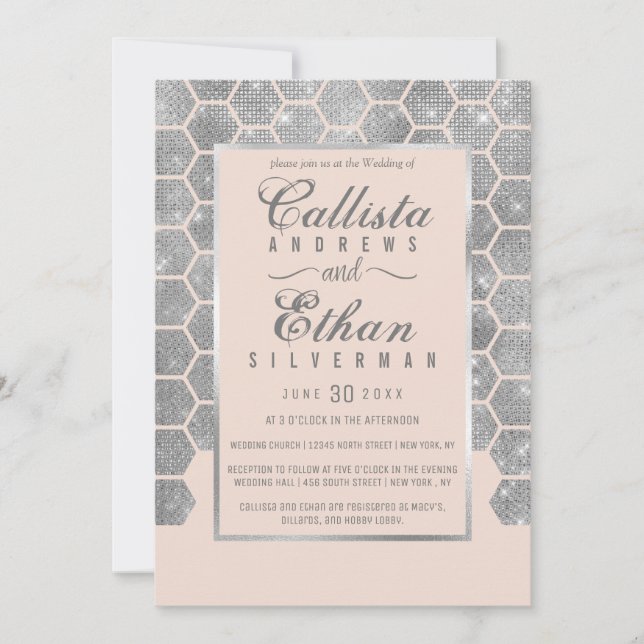 Chic Blush Pink Silver Glitter Hexagon Geo Wedding Invitation (Front)