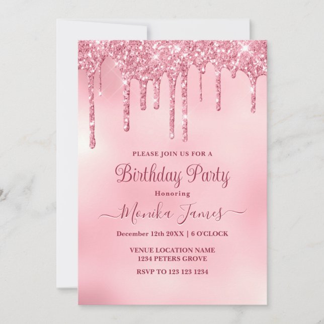 Chic Blush Pink Sparkle Glitter Drips Birthday  Invitation (Front)