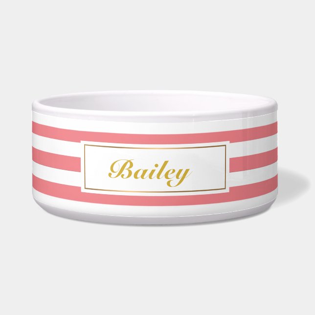 Chic Blush Pink Stripes Gold Dog Bowl (Front)