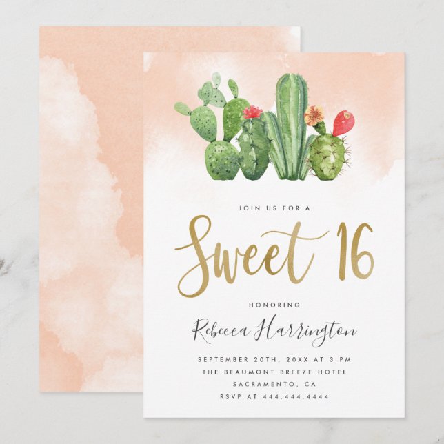 Chic Blush Pink Watercolor & Cactus Sweet 16 Invitation (Front/Back)